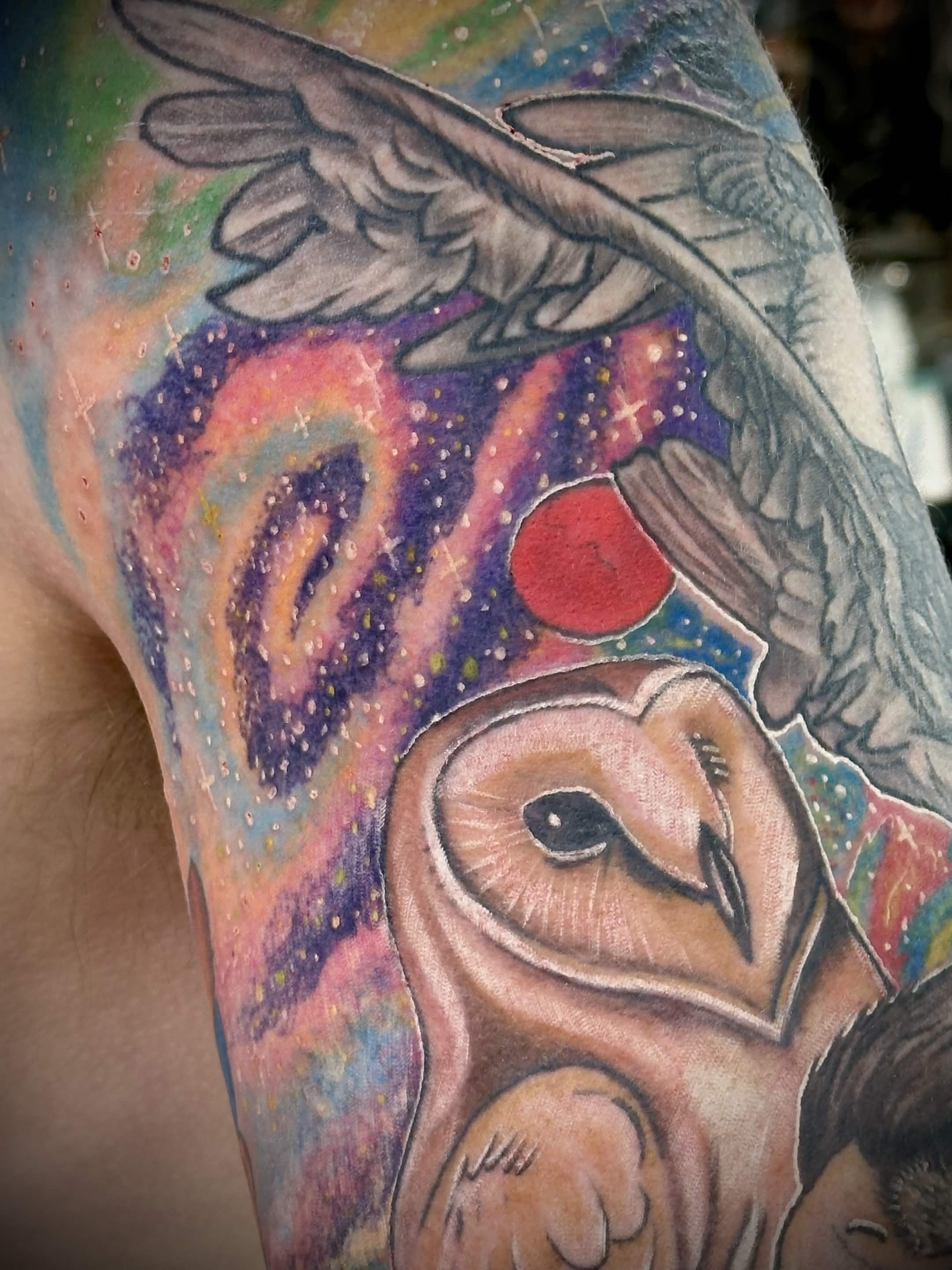 Cosmic owl with galaxy wings — Surreal Color tattoo by Spade, Honolulu
