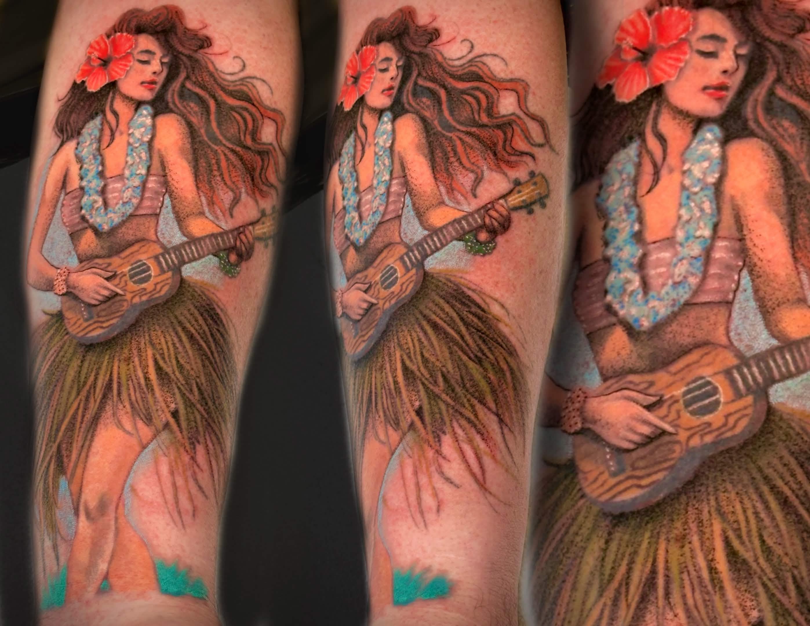 Hula girl color realism tattoo by Spade